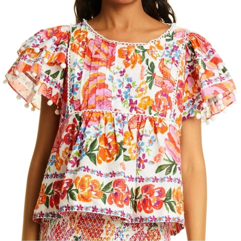 Farm Rio Women's Spring Bananas Pintucked Floral Pom Pom Flutter Sleeve Blouse M